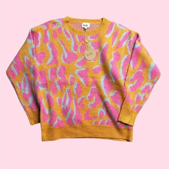Bibi Orange and Pink Crew Neck Sweater with leopard Playful Pattern Size L - Picture 2 of 11